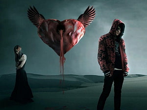 Emo Couple Standing Apart Under A Bleeding Winged Heart In A Dark Desert HD wallpaper