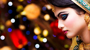 Indian Bride Profile Portrait With Traditional Jewelry And Festive Bokeh Lights HD wallpaper