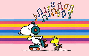 Snoopy and Woodstock Roller Skating with Headphones and Colorful Music Notes HD wallpaper