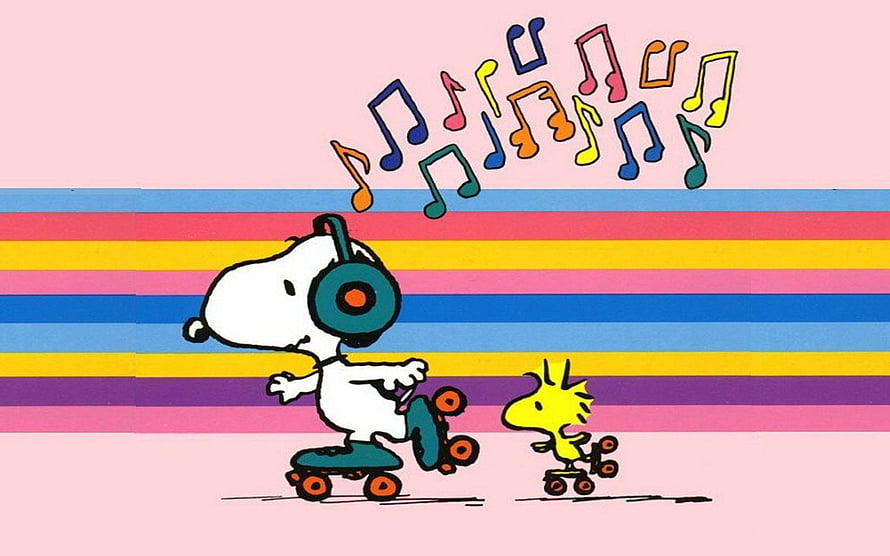 Snoopy and Woodstock Roller Skating with Headphones and Colorful Music Notes HD wallpaper