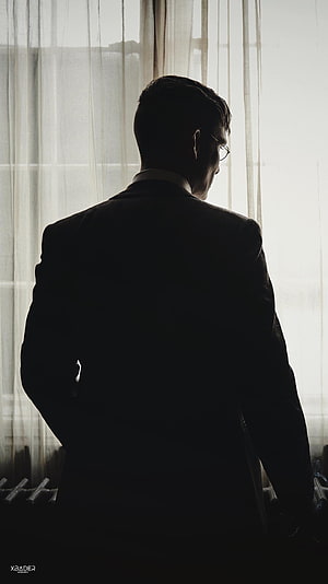 Silhouette of a man in a suit looking out a window with sheer curtains, Peaky Blinders, tom shelby HD phone wallpaper