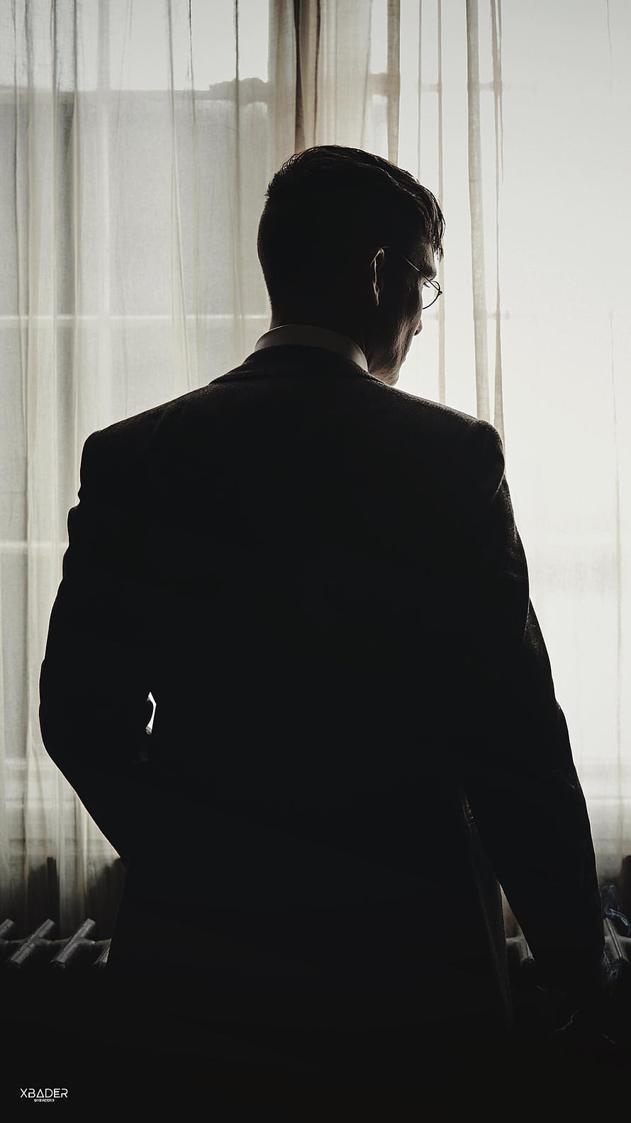 Silhouette of a man in a suit looking out a window with sheer curtains, Peaky Blinders, tom shelby HD phone wallpaper