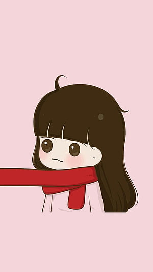 Cute Kawaii Girl With Red Scarf On Soft Pink Background HD phone wallpaper