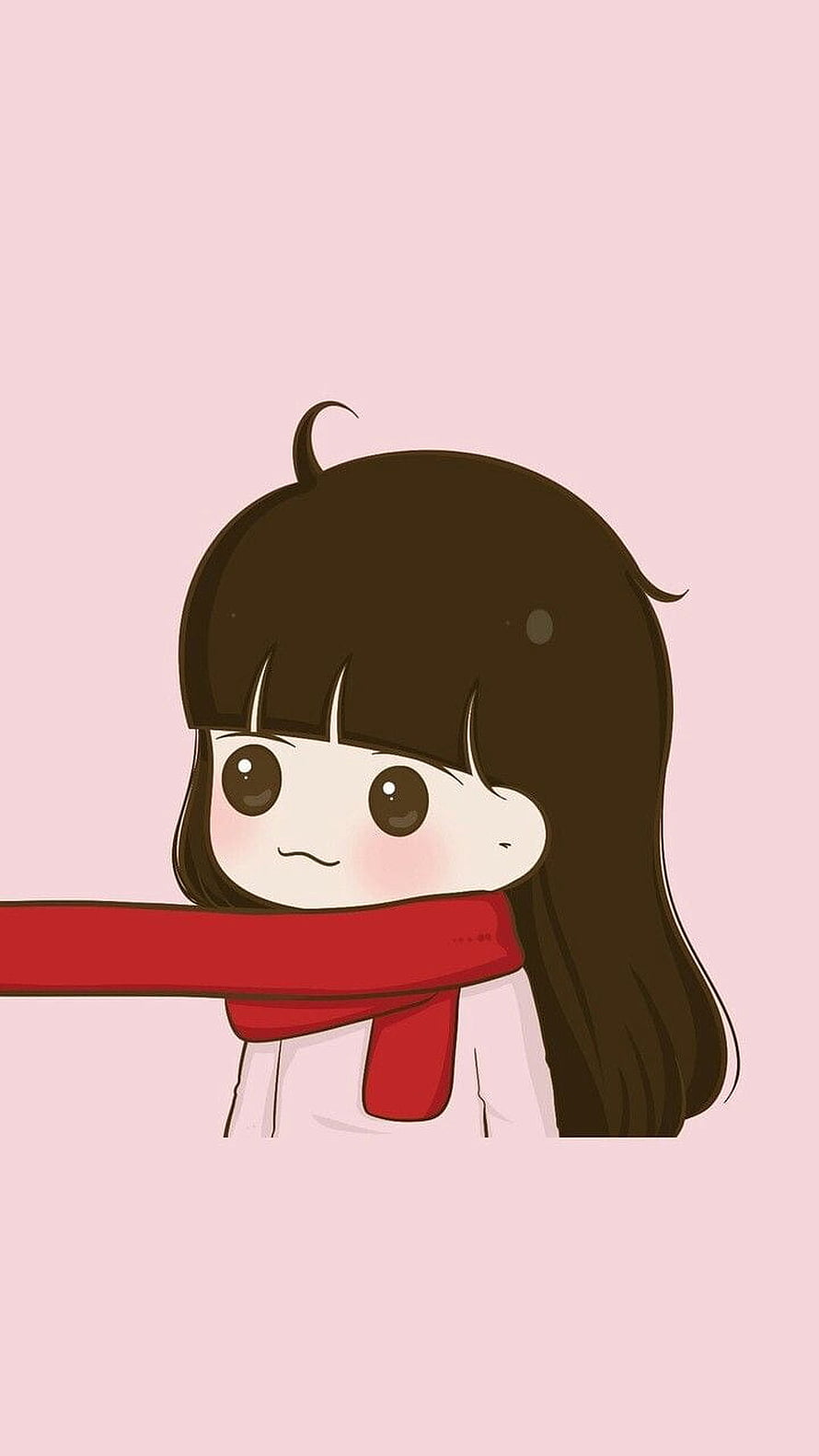 Cute Kawaii Girl With Red Scarf On Soft Pink Background HD phone wallpaper