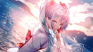 Hatsune Miku anime girl with pastel hair and flower accessories in a dreamy sunset scene HD wallpaper