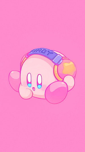 Cute Kirby Wearing Headphones on a Soft Pink Background HD phone wallpaper