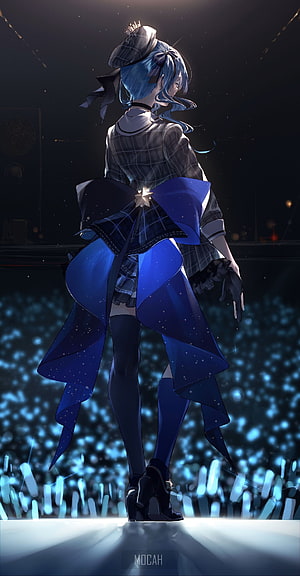 Hoshimachi Suisei in a starry blue stage outfit with a large bow and beret HD phone wallpaper