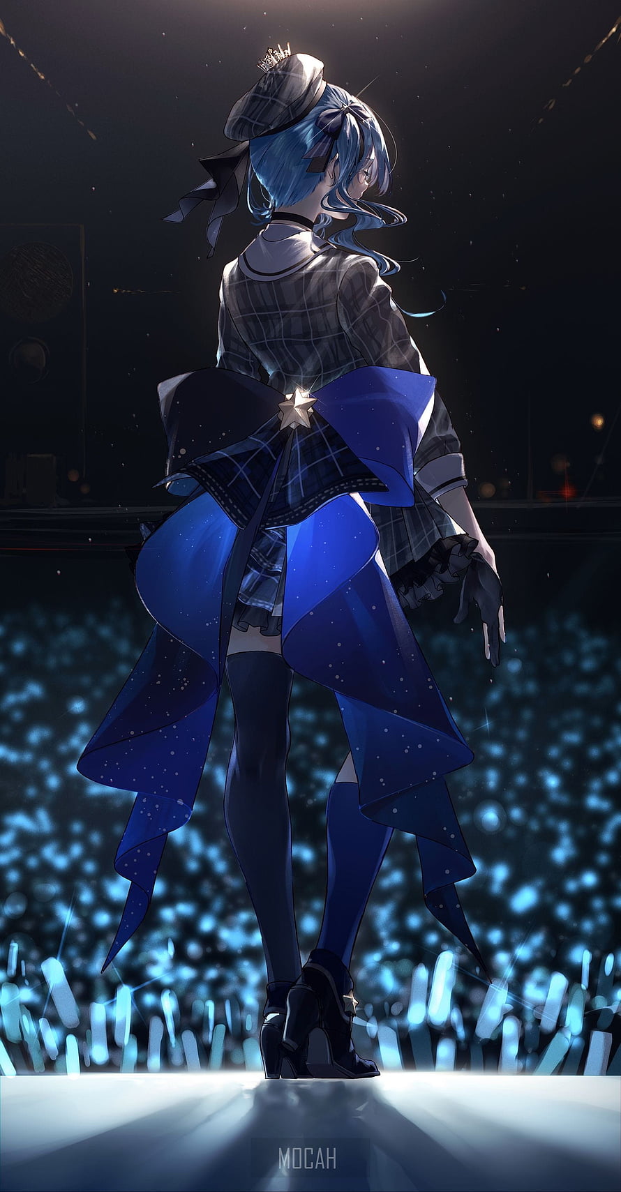 Hoshimachi Suisei in a starry blue stage outfit with a large bow and beret HD phone wallpaper