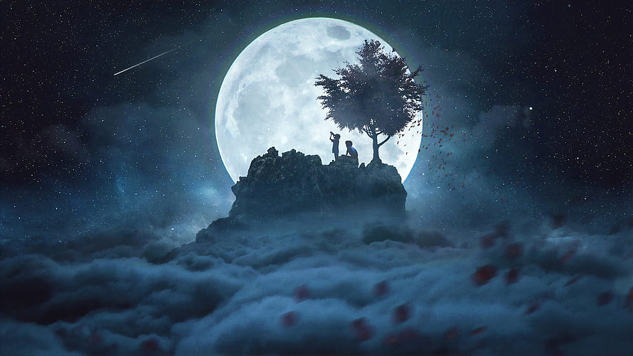 Two Silhouetted Figures on a Floating Rock with a Lone Tree Under a Giant Full Moon HD wallpaper