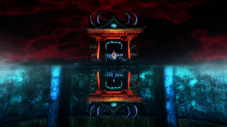 Dark anime shrine with red sky and blue reflection HD wallpaper