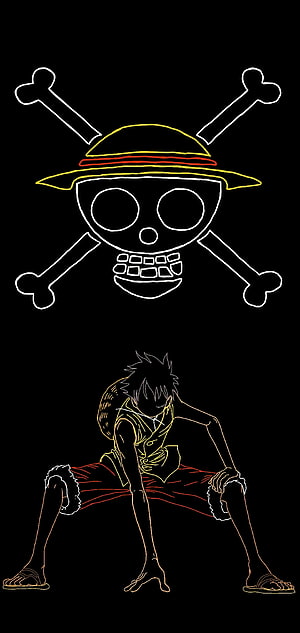 Monkey D Luffy and Straw Hat Jolly Roger Minimal Line Art on Black Background HD phone wallpaper