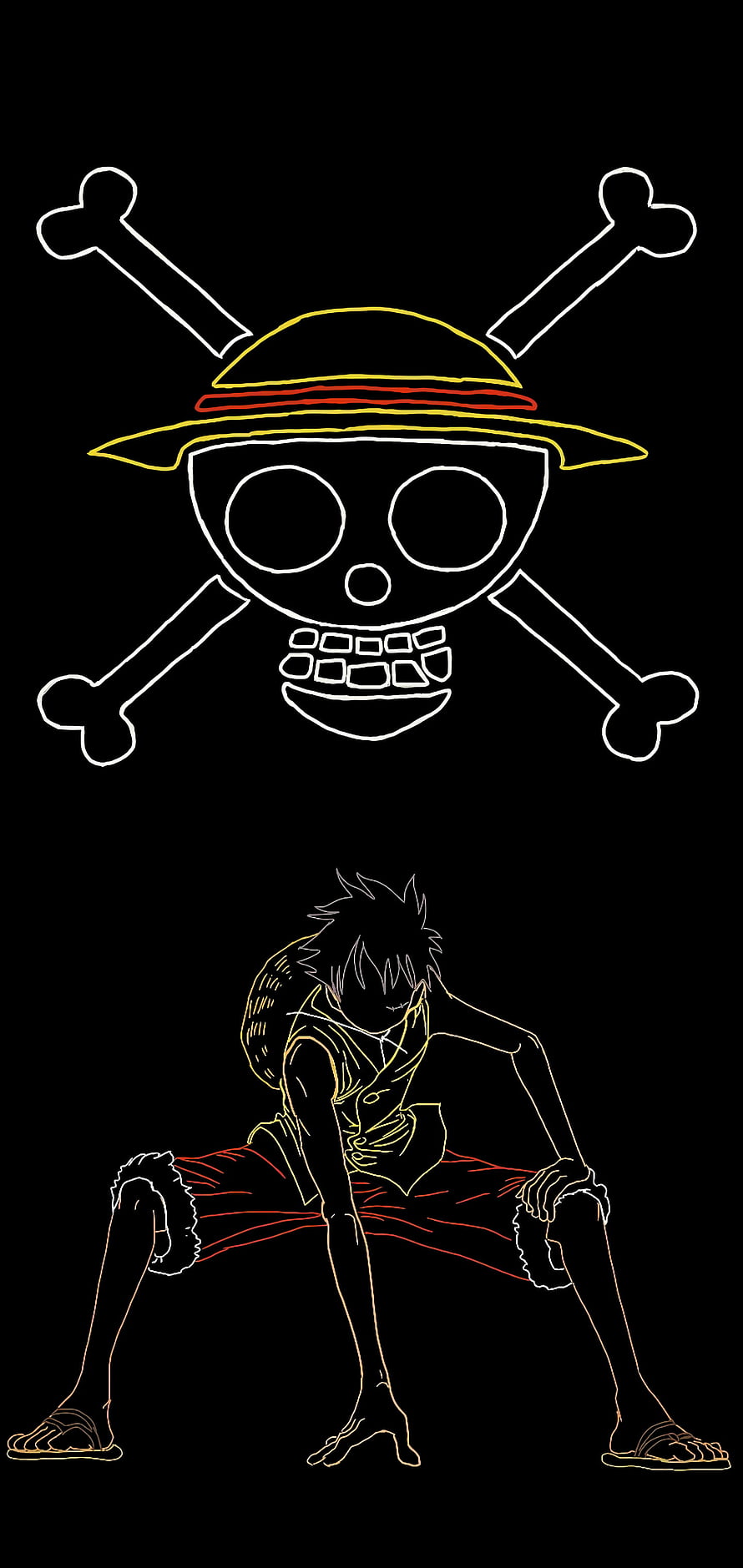 Monkey D Luffy and Straw Hat Jolly Roger Minimal Line Art on Black Background HD phone wallpaper
