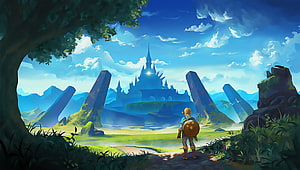 Link Gazing at Hyrule Castle in The Legend of Zelda Breath of the Wild Landscape HD wallpaper