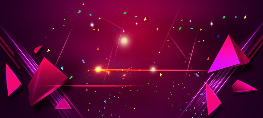 Vibrant Geometric Abstract Background with Neon Triangles and Confetti on Deep Magenta HD wallpaper