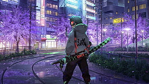 Tanjiro Kamado Walking Through Neon City With Purple Cherry Blossoms HD wallpaper