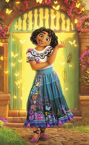Mirabel Madrigal from Encanto standing in front of a magical glowing door surrounded by butterflies HD phone wallpaper