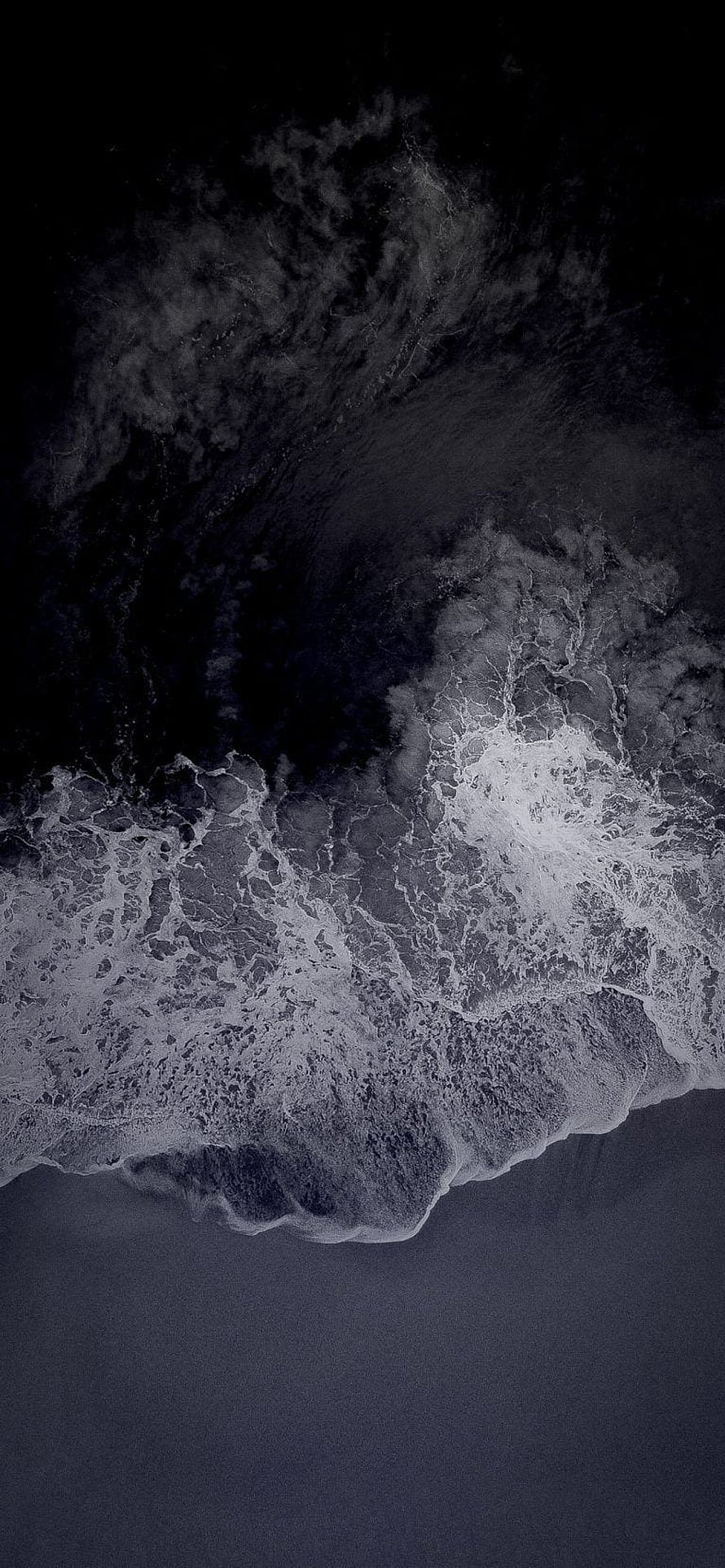 Aerial View of Dark Ocean Waves Crashing on a Black Sand Beach at Night HD phone wallpaper