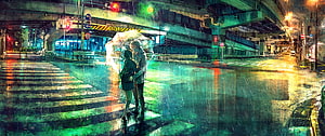 Anime Couple Sharing Umbrella on Rainy Night Street Under Overpass HD wallpaper