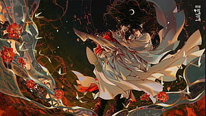 Xie Lian and Hua Cheng in dramatic embrace with flowing robes and red flowers HD wallpaper