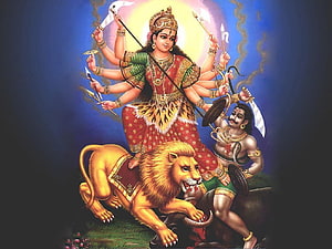 Kali Amman Riding Lion with Multiple Arms Holding Weapons and Demon Subjugation, East West Cultural Services, kali amman HD wallpaper