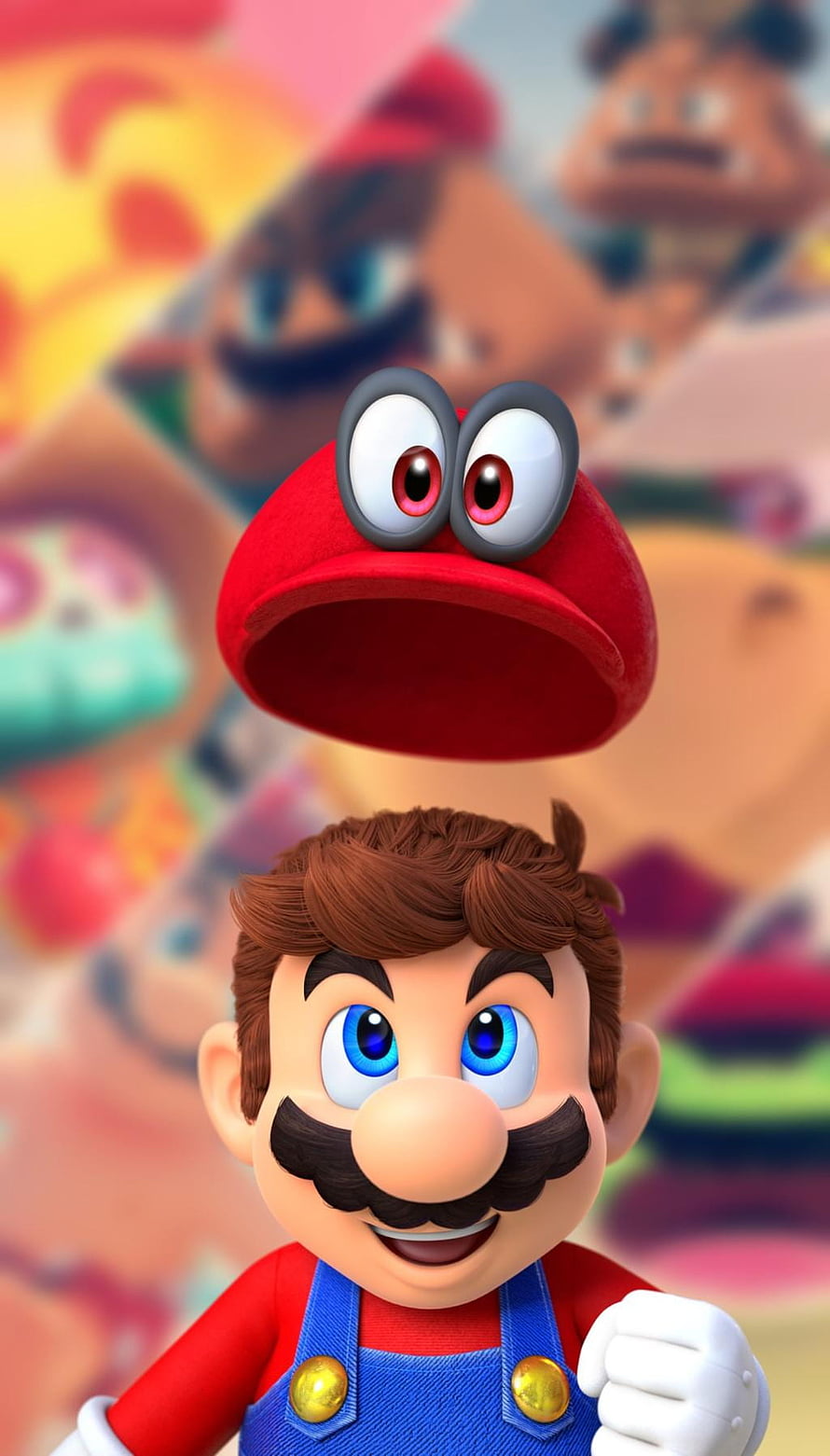 Mario and Cappy from Super Mario Odyssey in a vibrant 3D close-up portrait HD phone wallpaper