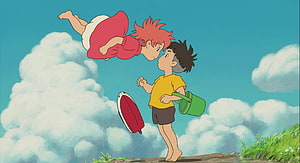 Ponyo and Sosuke Floating in the Sky with Clouds and Beach Toys HD wallpaper