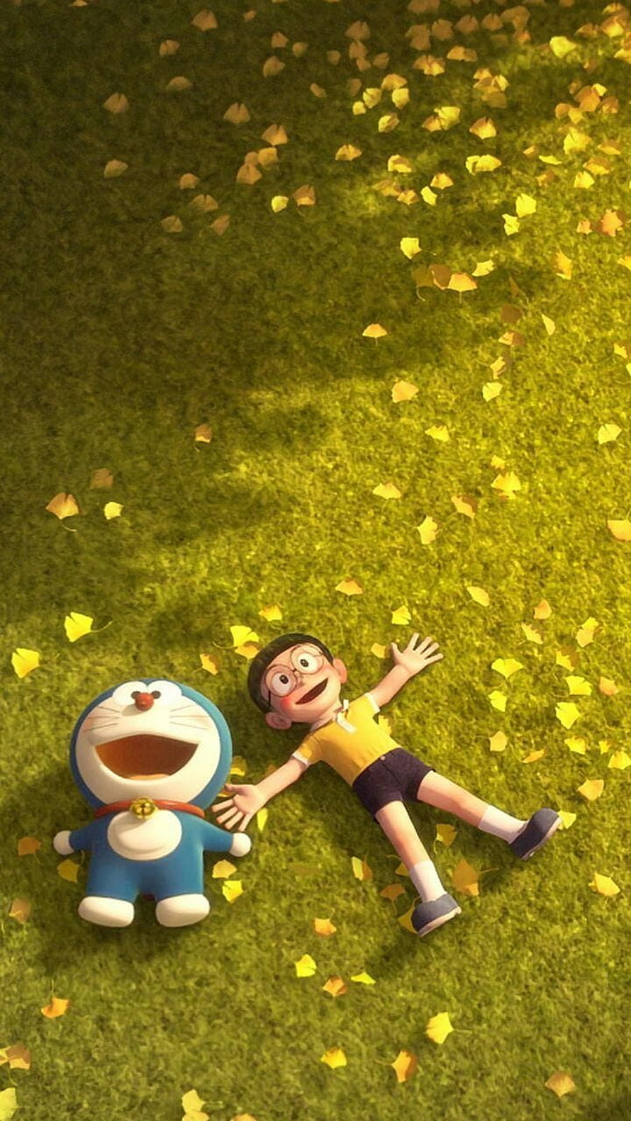 Doraemon and Nobita Lying on Grass with Falling Autumn Leaves in 3D Animation HD phone wallpaper