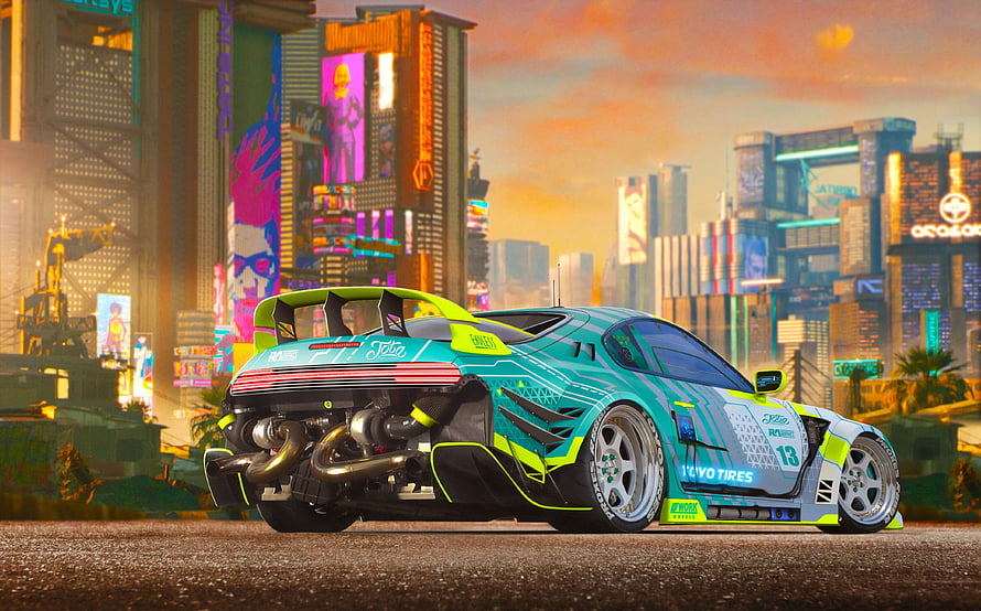 Turquoise and Neon Green Modified Supercar in Cyberpunk City HD wallpaper