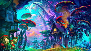Vibrant Fantasy Forest with Giant Mushrooms and Enchanted Cottages HD wallpaper