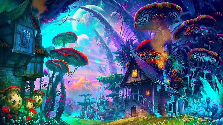 Vibrant Fantasy Forest with Giant Mushrooms and Enchanted Cottages HD wallpaper