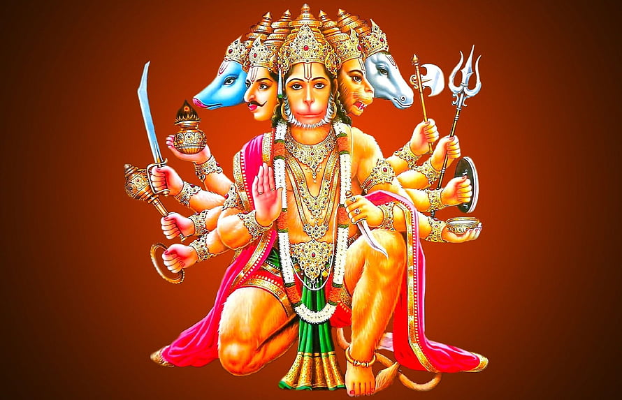 Panchmukhi Hanuman Wallpaper - Five-Faced Hindu Deity with Weapons and Divine Aura, Panchmukhi lord Hanuman, hanuman god HD wallpaper