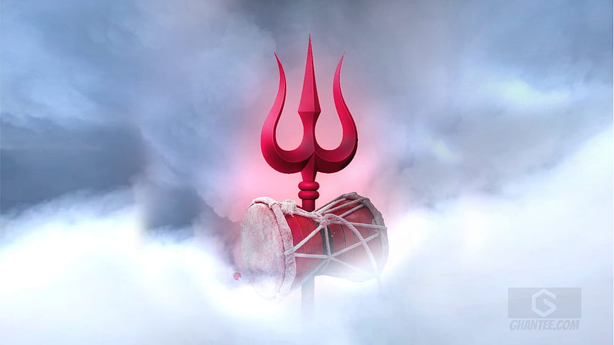 Red Trishul and Damaru Drum Floating in Clouds Hindu Mythology Wallpaper HD wallpaper