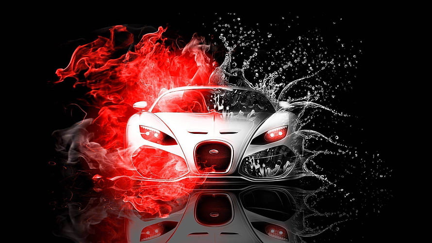 Bugatti Veyron front view with red smoke and water splash on black background HD wallpaper