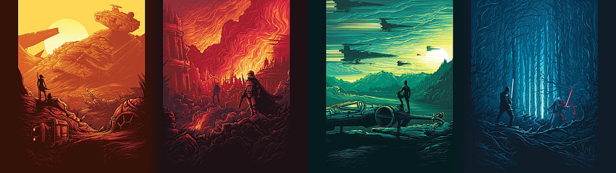 Four-Panel Sci-Fi Concept Art Series Featuring Desert, Fire, Water, and Forest Scenes HD wallpaper