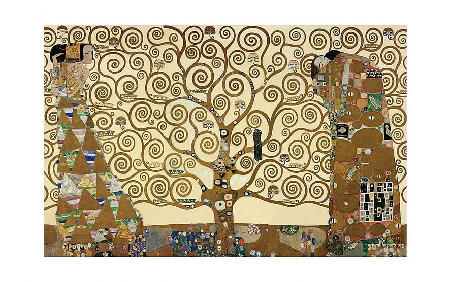 Gustav Klimt The Tree of Life Artwork with Ornate Spiral Patterns and Two Figures HD wallpaper