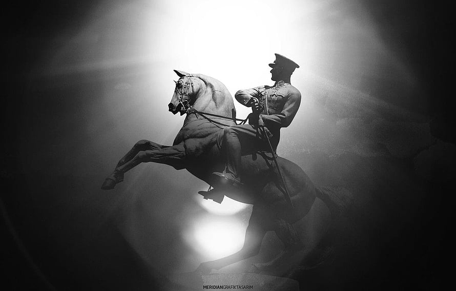 Mustafa Kemal Atatürk Equestrian Statue in Dramatic Black and White Light HD wallpaper