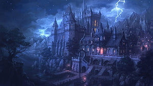 Mystical Gothic Castle at Night with Lightning Storm and Waterfront Docks HD wallpaper