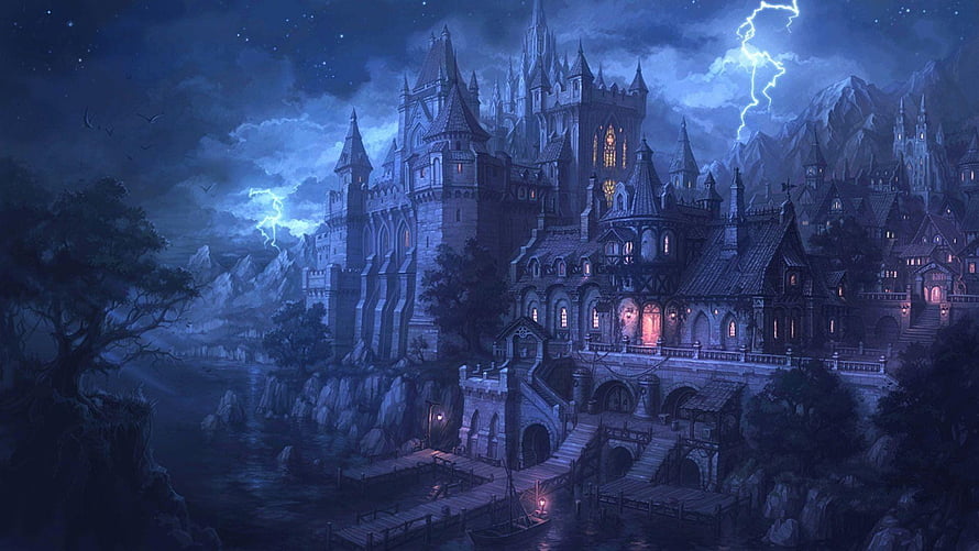 Mystical Gothic Castle at Night with Lightning Storm and Waterfront Docks HD wallpaper