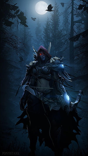 Sylvanas Windrunner in Dark Forest Under Full Moon with Ravens HD phone wallpaper