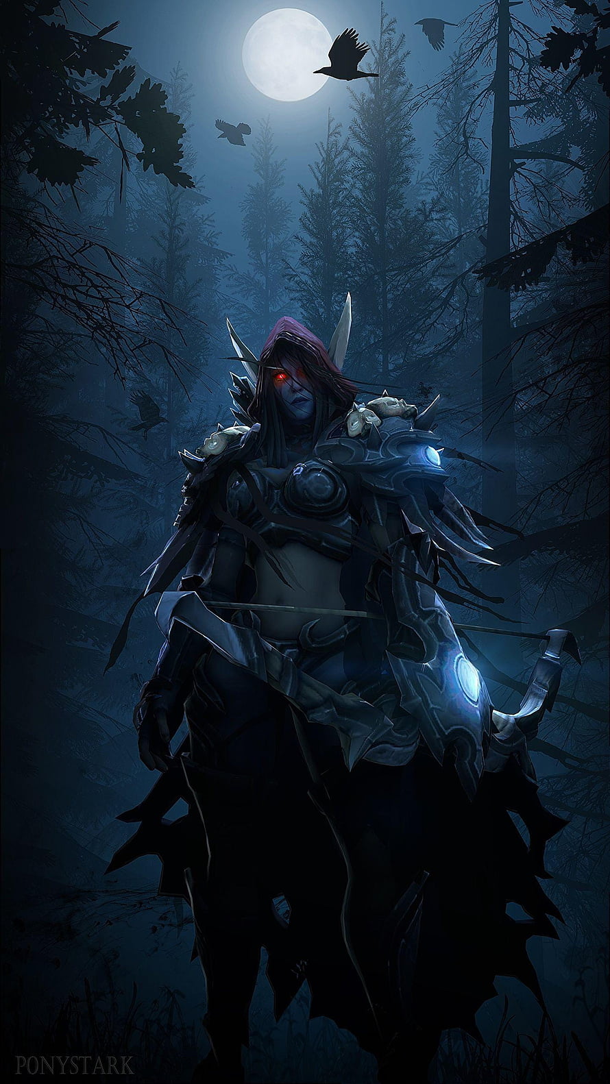 Sylvanas Windrunner in Dark Forest Under Full Moon with Ravens HD phone wallpaper