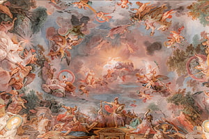 Baroque ceiling fresco depicting a celestial battle with angels and warriors HD wallpaper
