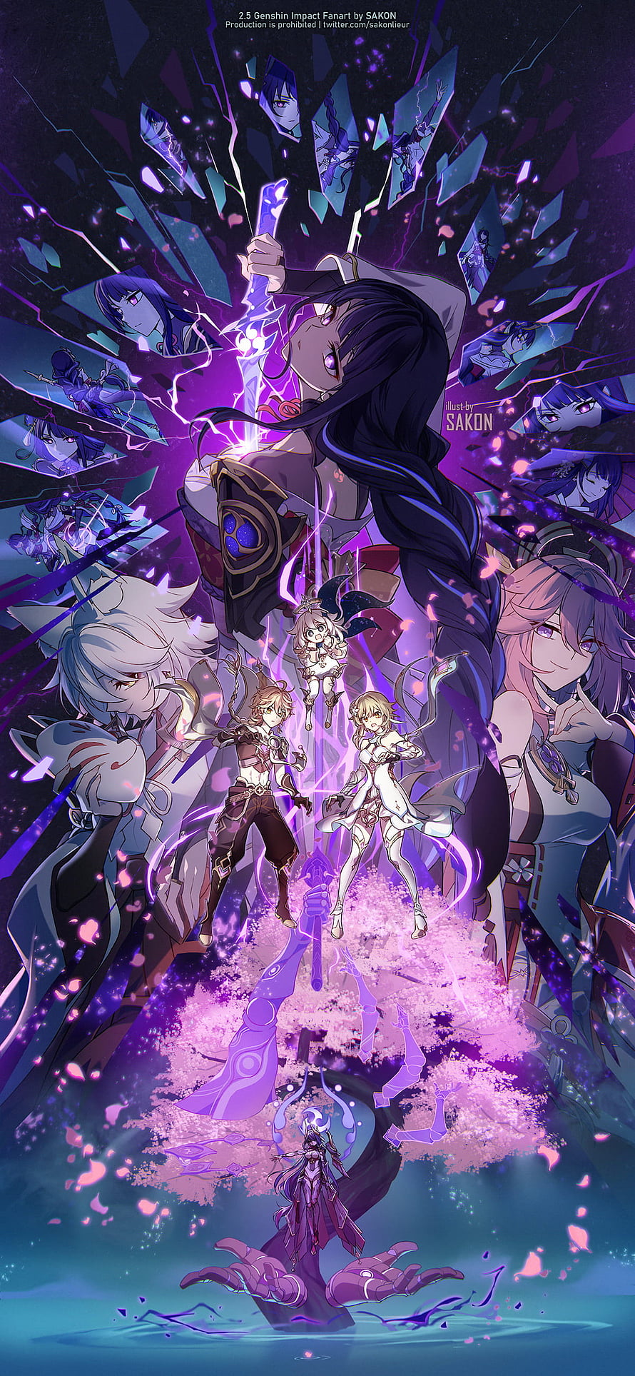 Genshin Impact Raiden Shogun, Aether, Lumine, Paimon, and Keqing Anime Art HD phone wallpaper