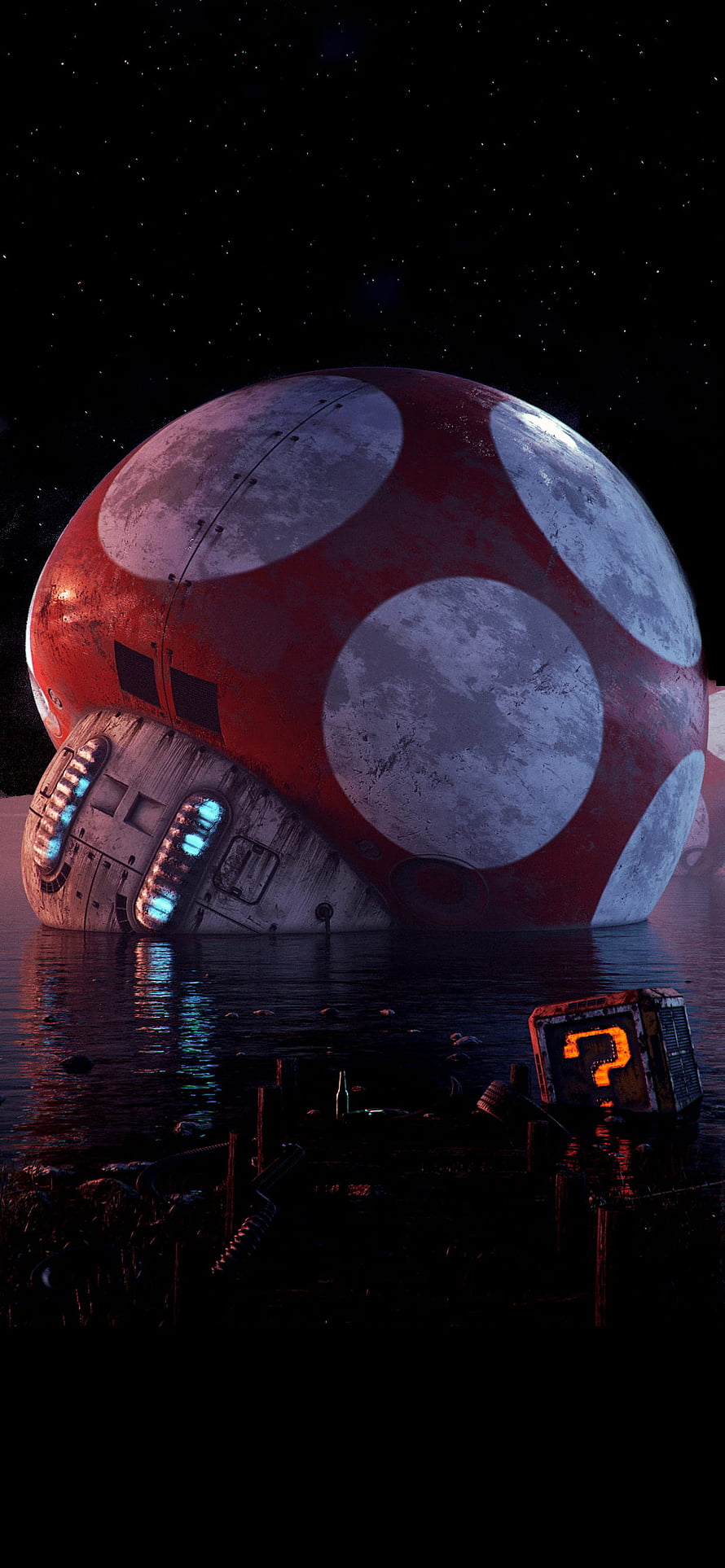Giant Super Mushroom Power-Up Resting in Dark Water with Starry Night Sky HD phone wallpaper