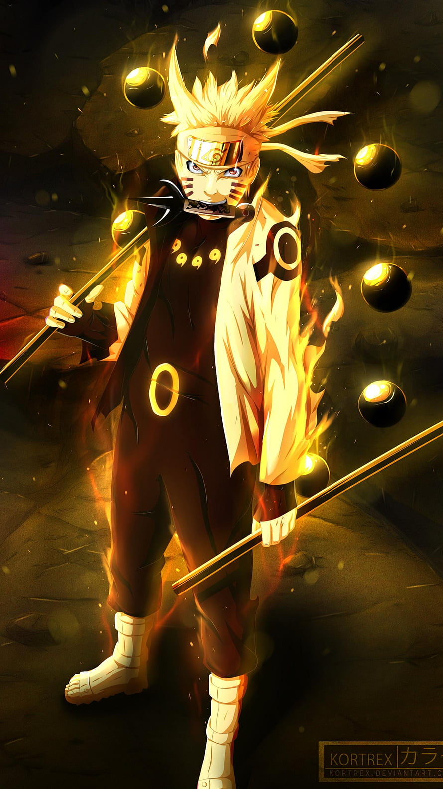 Naruto Sage of Six Paths wielding the Chibaku Tensei staff with golden orbs and flames HD phone wallpaper