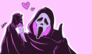 Cute Ghostface Character Holding Knife With Pink Hearts On Pastel Background HD wallpaper