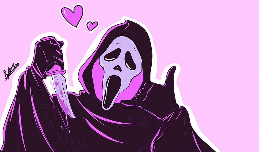 Cute Ghostface Character Holding Knife With Pink Hearts On Pastel Background HD wallpaper