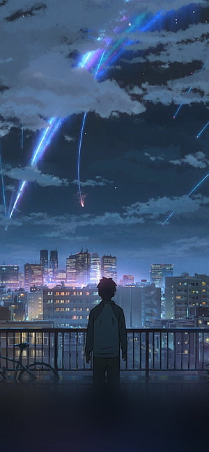 Your Name Anime Boy Watching Meteor Shower Over Tokyo City Skyline at Night HD phone wallpaper