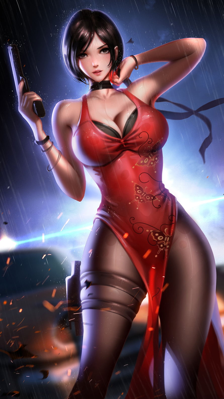Ada Wong in Red Dress Holding Gun in Rainy Night Scene HD phone wallpaper