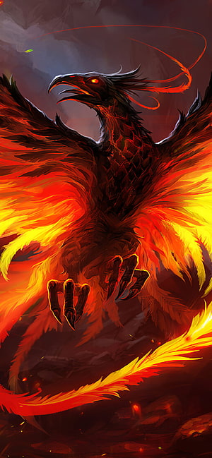 Majestic Fire Phoenix with Fiery Wings and Glowing Eyes in Dark Fantasy Art HD phone wallpaper