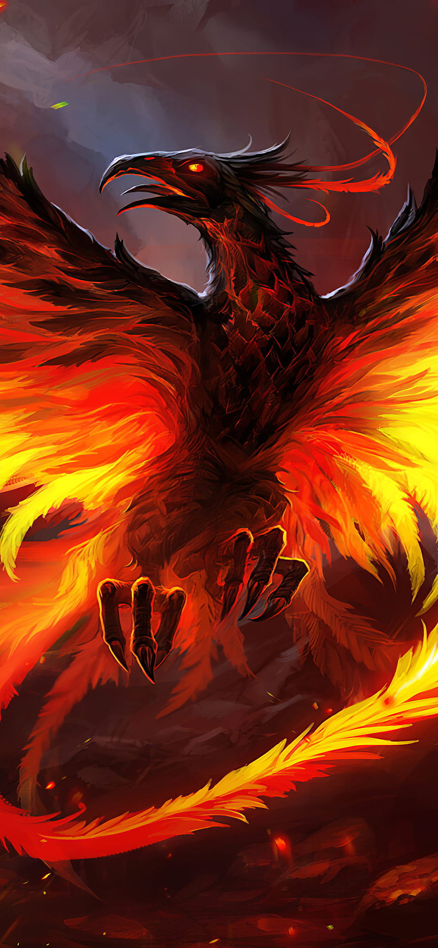 Majestic Fire Phoenix with Fiery Wings and Glowing Eyes in Dark Fantasy Art HD phone wallpaper